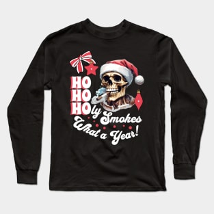 Funny Christmas Skeleton Wearing Santa Hat and Smoking Cigar Long Sleeve T-Shirt